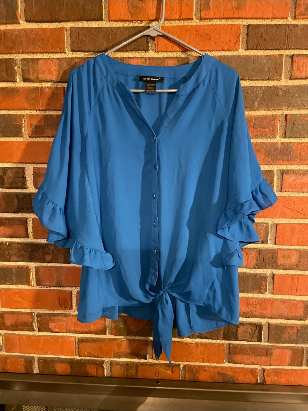 Ashley Stewart Royal Blue Button-Front Ruffle Sleeve Tie-Hem Blouse